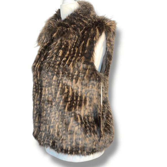 Deadstock Vintage 90s Faux Fur Vest Brown Black Feather Textured Pattern Small - Picture 6 of 13